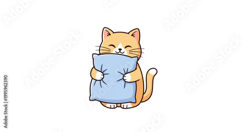 Cartoon orange cat holding pillow.