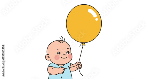 Cute baby holding yellow balloon.