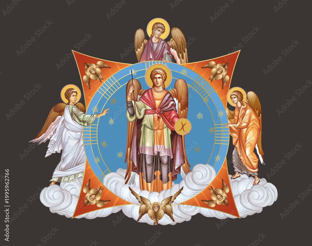 Fototapeta premium Archangel Gabriel. Illustration in Byzantine style with angels and seraphim