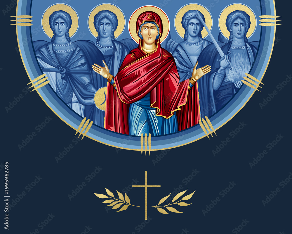 Fototapeta premium Assumption of Mary and four cardinal points (Archangel Gabriel, Uriel, Raphael and Michael). Illustration in Byzantine style isolated