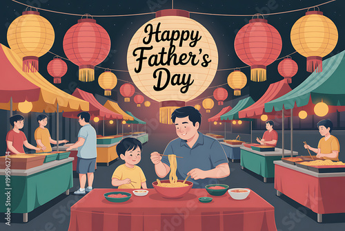 A happy father and son enjoying a meal together at a vibrant food market on transparent background