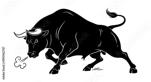 Powerful Black Bull Charging Forward with Steam Emitting from Nostrils