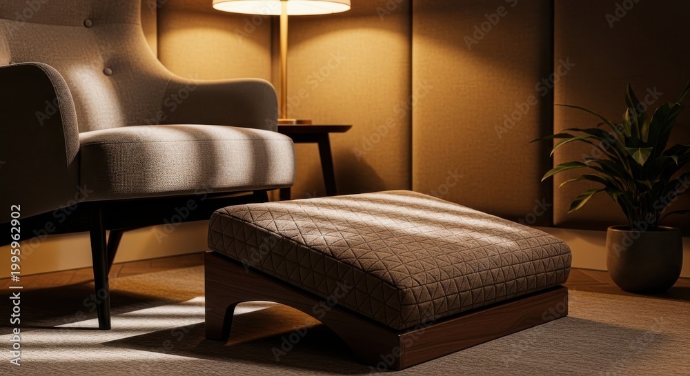 Fototapeta premium Comfortable Quilted Ottoman Footrest with Wooden Base in a Warmly Lit Living Room Setting