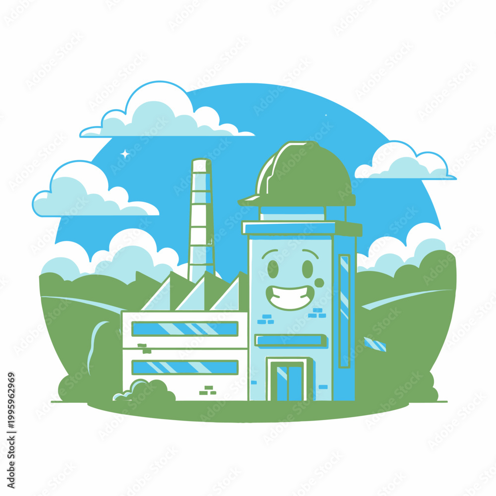 Naklejka premium A smiling factory building stands in a green landscape under a blue sky