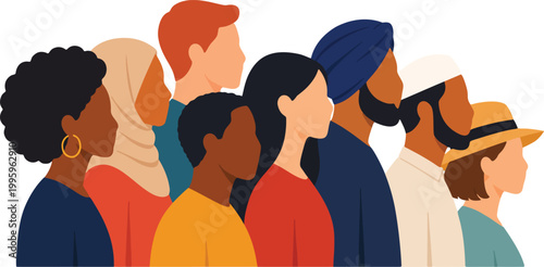 Diverse people side profile multicultural community flat vector illustration