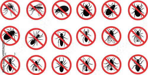 Prohibited insects icons vector set with mosquito fly ant beetle and pest warning symbols flat no bug signs collection