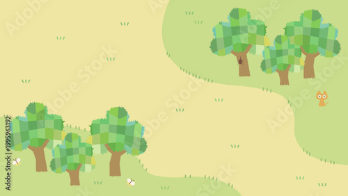 夏の鮮やかな木々と山道ののどかな風景イラスト