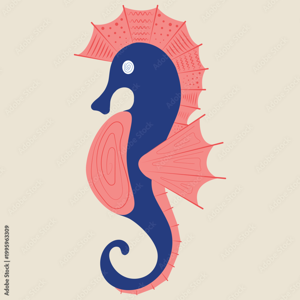 Fototapeta premium Cute cartoon seahorse swimming in the ocean, illustration of marine life.