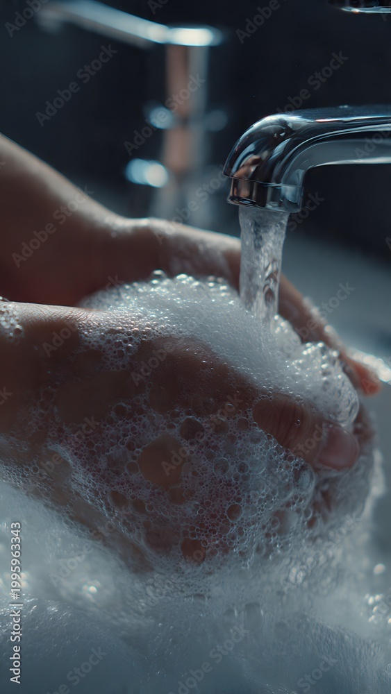 Fototapeta premium Realistic close‑up of hands thoroughly washed with soap under a chrome faucet in a clean, bright bathroom