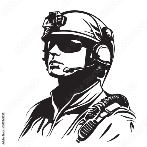 black and white cartoon illustration of a man wearing a helmet