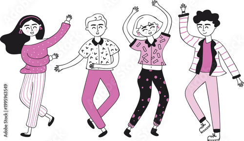 Group of happy young people dancing and having fun, vector illustration