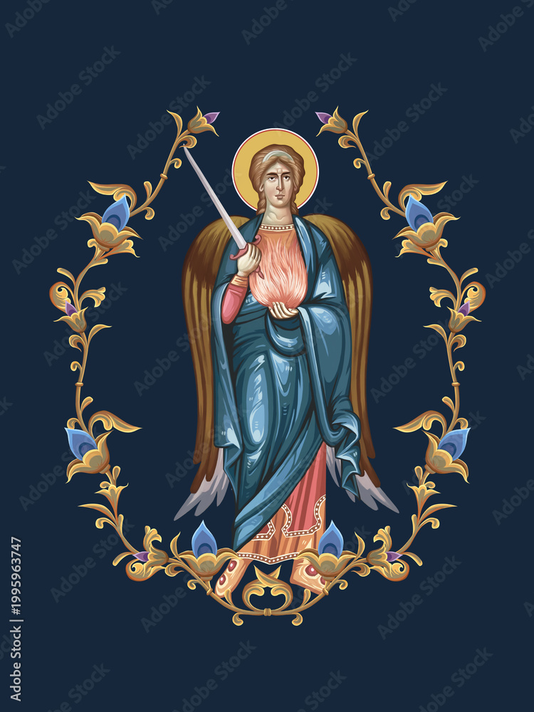 Fototapeta premium Archangel Uriel. Decorative vintage floral illustration in Byzantine style