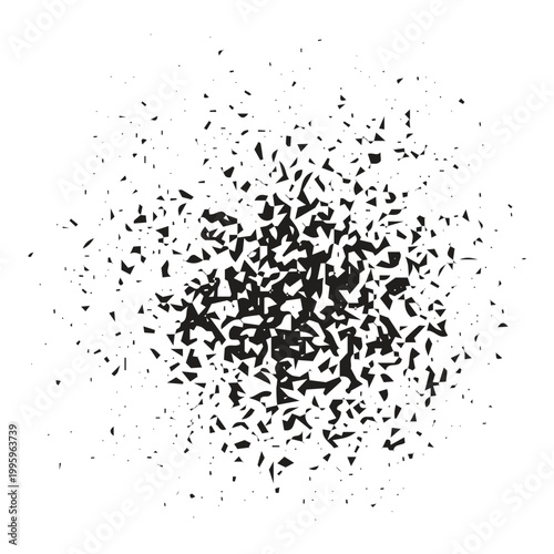 abstract particle explosion grunge texture. Abstract black particle explosion texture with fragmented debris and grunge burst effect. Dynamic dispersion overlay background ideal for posters, banners, 