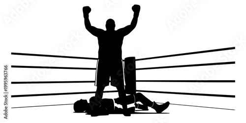 Victorious Boxer Standing Over Downed Opponent Silhouette Vector