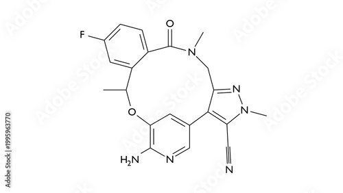 Photos lorlatinib molecule, structural chemical formula, ball-and-stick model, isolated