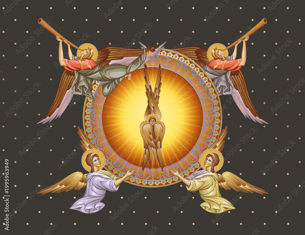 Fototapeta premium Seraphim. Decorative vintage illustration with angels in Byzantine style