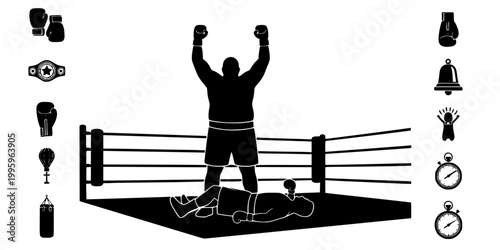 Victorious Boxer Standing Over Downed Opponent Silhouette Vector