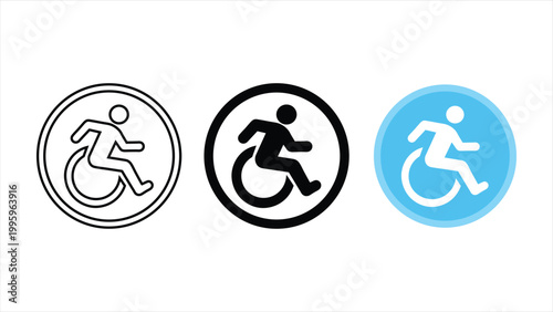 Accessibility handicap wheelchair icon set in outline, solid black, and blue design styles isolated on white background