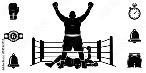Victorious Boxer Standing Over Downed Opponent Silhouette Vector
