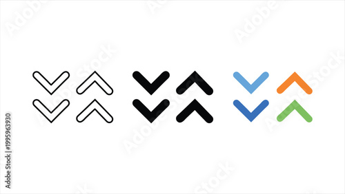 Accordions expand and collapse arrow icon set in outline, solid black, and colorful design styles isolated on white background