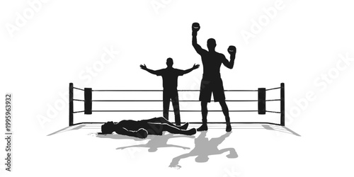 Victorious Boxer Standing Over Downed Opponent Silhouette Vector