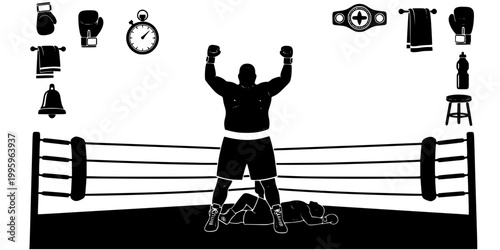 Victorious Boxer Standing Over Downed Opponent Silhouette Vector