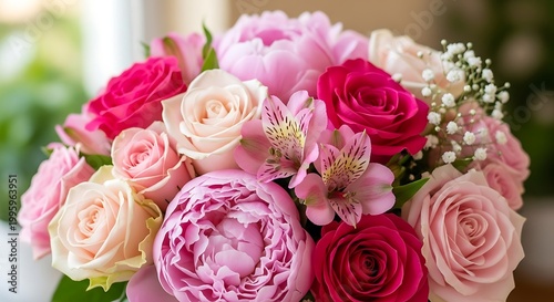 Beautiful bouquet of pink roses and peonies, floral arrangement.
