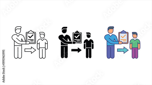 Assign user task icon set with person giving clipboard and arrow symbols in outline solid and colorful design styles isolated on white background