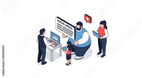 Teamwork and Social Media Marketing Strategy Illustrated in Isometric Style.