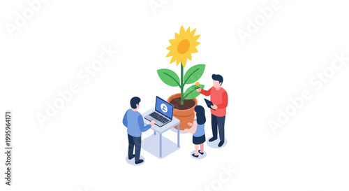 Teamwork Cultivating Growth - People Nurturing a Sunflower with Laptop.