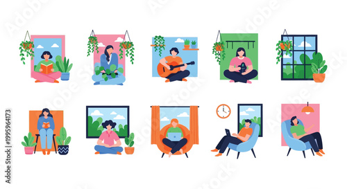 Schilderij op canvas A collection of colorful illustrations depicting people relaxing indoors with va