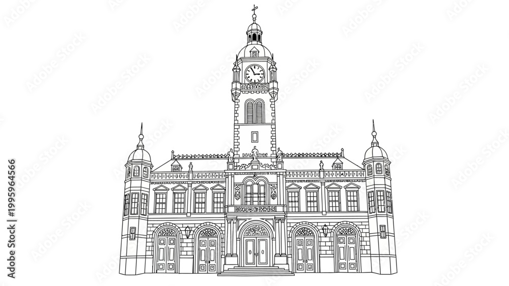 Fototapeta premium Line art drawing of a historical city hall with a clock tower