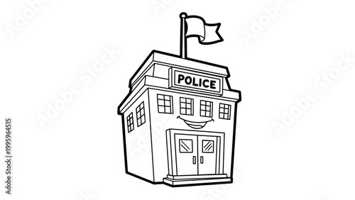 Cartoon police station building with a smiling face for a coloring book.