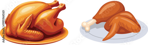 Roasted chicken whole and pieces delicious cooked poultry meal food illustration cartoon vector isolated on light background