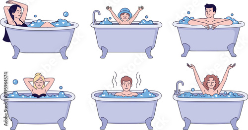 People Taking Bath Set with Men Women and Child Relaxing in Bathtub Hygiene Daily Routine Flat Vector Illustration Collection