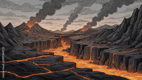 Volcanic eruption landscape with flowing lava river and smoke in a desolate canyon