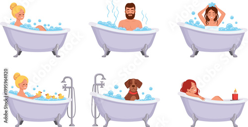 People Taking Bath Set with Man Woman Child and Dog in Bathtub Hygiene Relaxation Flat Vector Illustration Collection