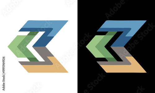 A graphic illustration showcases a stylized letter Z made of multicolored arrows on various backgrounds.