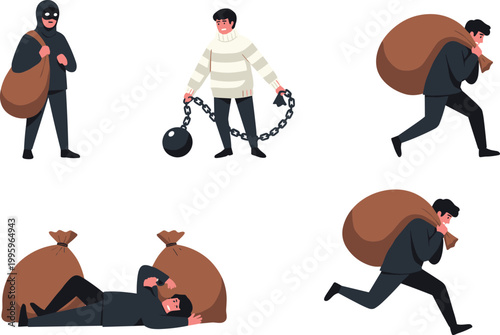 Thief and Burglar Characters Set with Criminal Carrying Money Bag Stealing and Running Scenes Flat Vector Illustration Collection