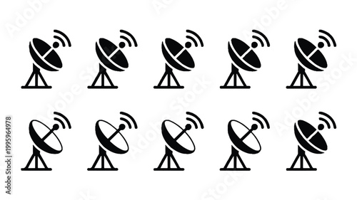 A set of black and white icons featuring various satellite dishes emitting signals