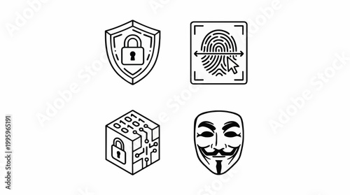 A set of four black and white vector icons representing security and anonymity concepts