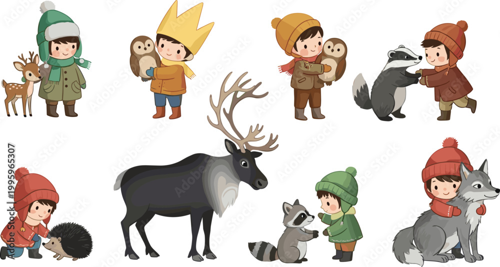 Obraz premium Cute Children with Forest Animals Set Winter Kids Playing with Deer Owl Raccoon Wolf and Hedgehog Flat Vector Illustration Collection