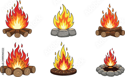 Campfire and Bonfire Flames Set with Burning Wood Logs and Fire Pit Outdoor Camping Elements Flat Vector Illustration Collection