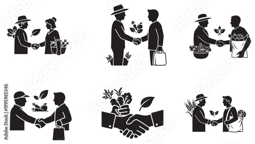Agriculture trade and organic food exchange icons with farmers, crops, baskets, and handshake collaboration concepts