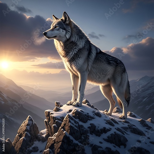 Majestic Wolf Stands Vigilant atop Snowy Mountain Peak.