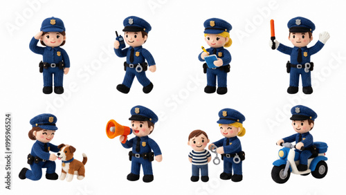 Cute police officer character set performing duties, law enforcement activities