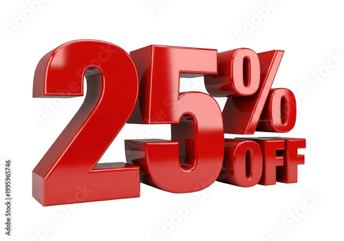 3d red 25 percent off text isolated on transparent background