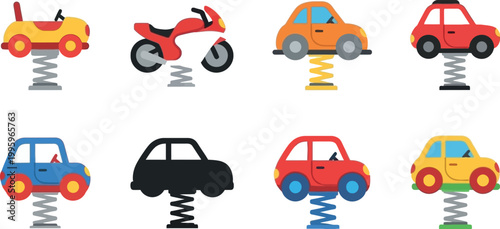 Spring Rider Playground Vector Set with Car and Motorcycle Bouncy Toys for Kids Outdoor Play Equipment, Park Design, and Children Recreation Illustration