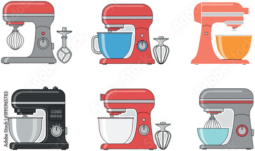 Stand Mixer Icon Set with Various Kitchen Machines and Attachments for Baking, Cooking, Food Preparation and Modern Appliance Design