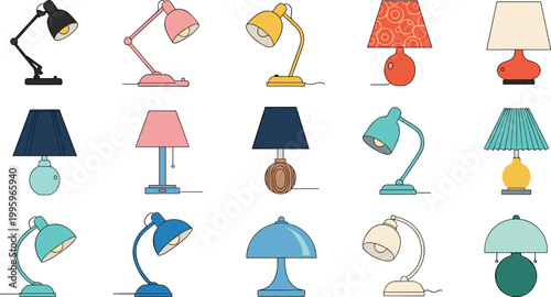 Modern table lamps and desk lighting vector set featuring colorful decorative lampshades and home interior illumination flat icons